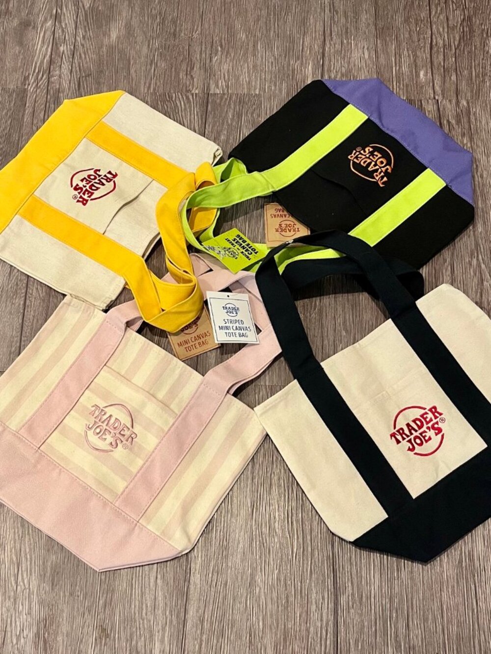 Rare Set of 4! Trader Joe’s Mini Canvas Tote Bags Yellow, Blue, Pink, Halloween